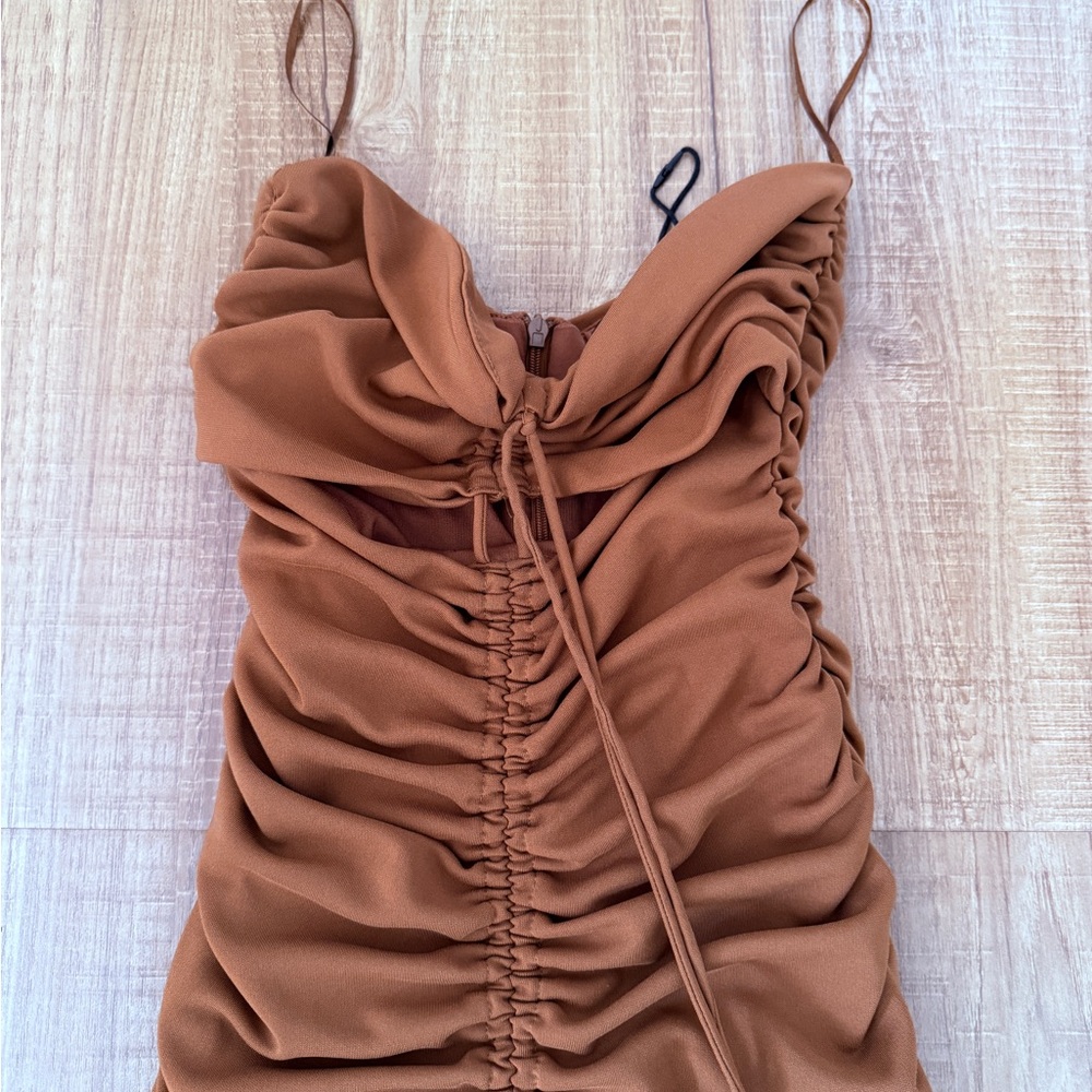 Zara Ruched Mini Dress in Warm Brown - Picture 2 of 2